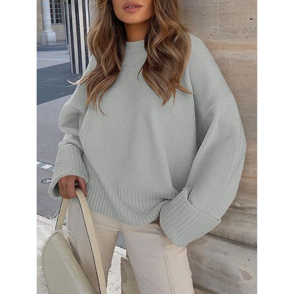 Women's Oversized Sweater Fuzzy Light Grey Long Sleeve Casual Chunky Pullover - Picture 3 of 8
